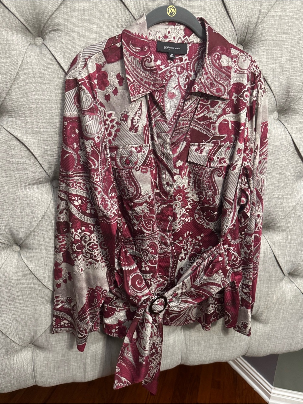 Jones New York Burgundy and Cream Paisley Tie-Front Button Down